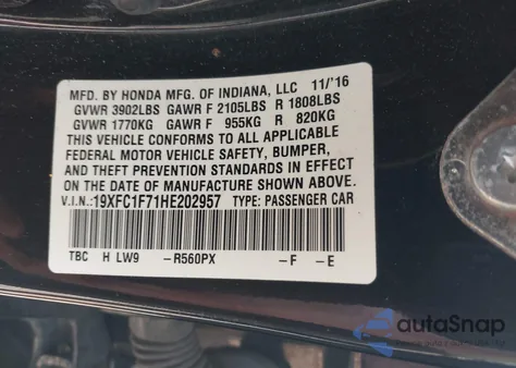 2017 Honda Civic Ex-L из США, поврежденный, VIN 19XFC1F71HE202957